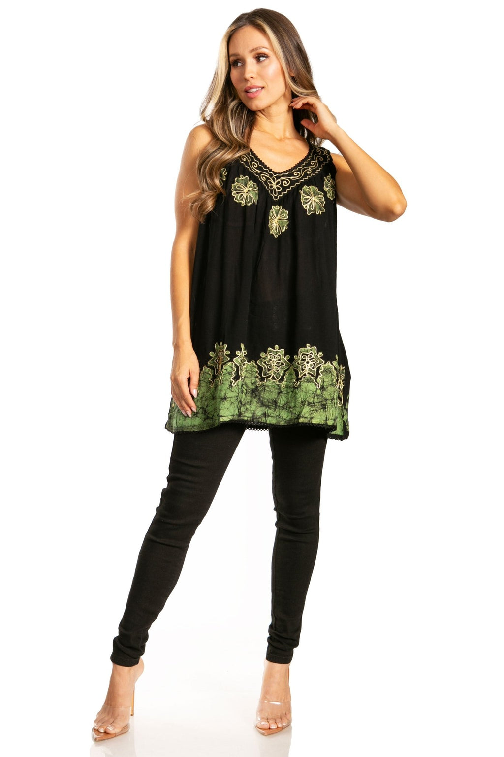 Sakkas Batik Embroidered V-Neck Sleeveless Blouse tops La Vie Bien Sakkas Batik Embroidered V-Neck Sleeveless Blouse