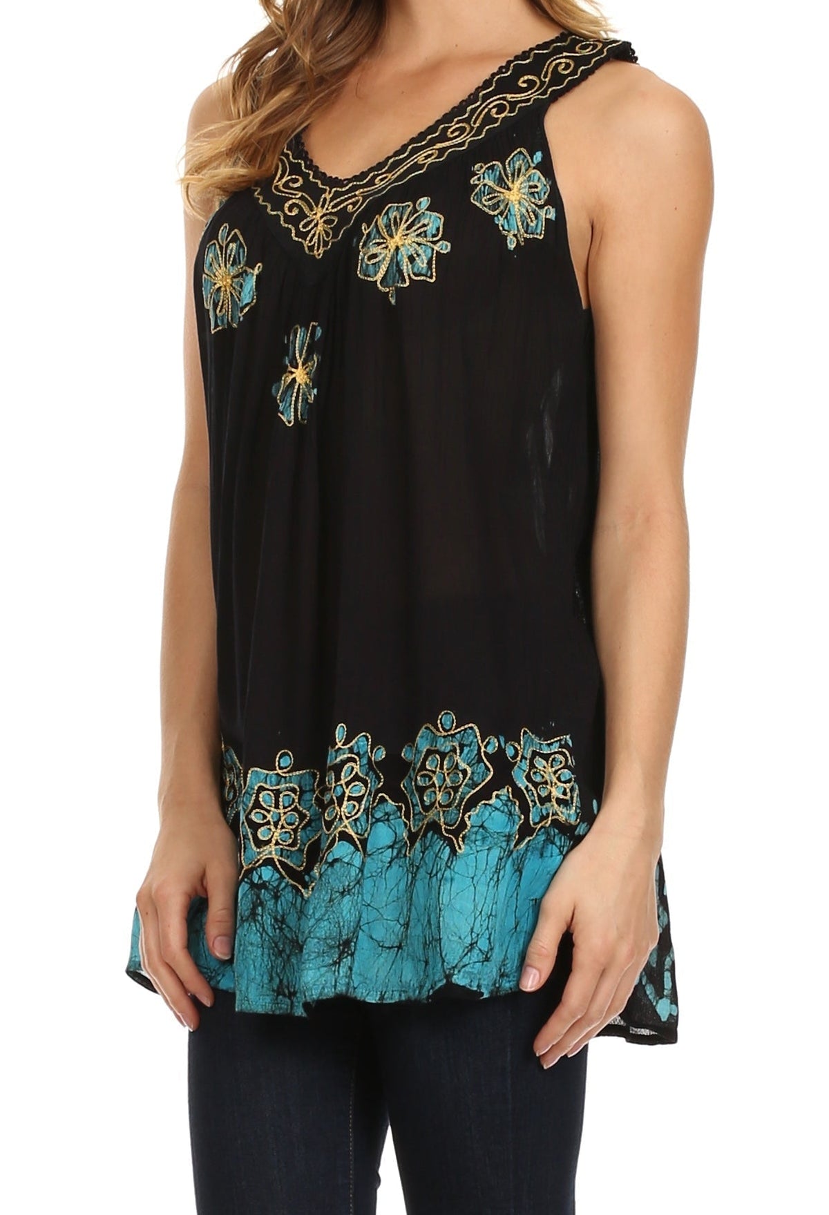 Sakkas Batik Embroidered V-Neck Sleeveless Blouse tops La Vie Bien Sakkas Batik Embroidered V-Neck Sleeveless Blouse