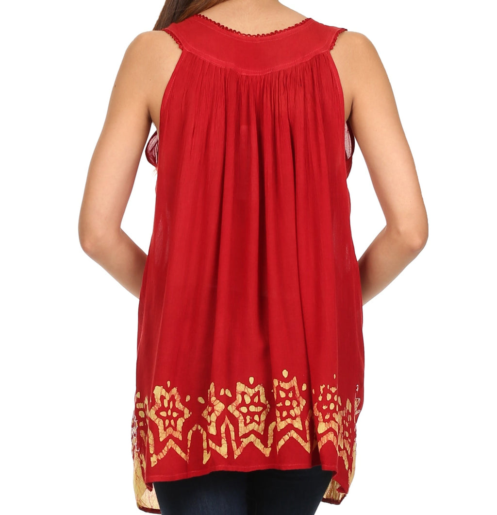 Sakkas Batik Embroidered V-Neck Sleeveless Blouse tops La Vie Bien Sakkas Batik Embroidered V-Neck Sleeveless Blouse
