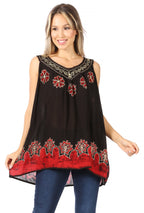 Sakkas Batik Embroidered V-Neck Sleeveless Blouse tops La Vie Bien Sakkas Batik Embroidered V-Neck Sleeveless Blouse
