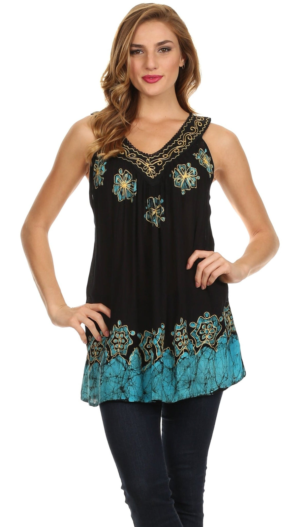 Sakkas Batik Embroidered V-Neck Sleeveless Blouse tops La Vie Bien Sakkas Batik Embroidered V-Neck Sleeveless Blouse