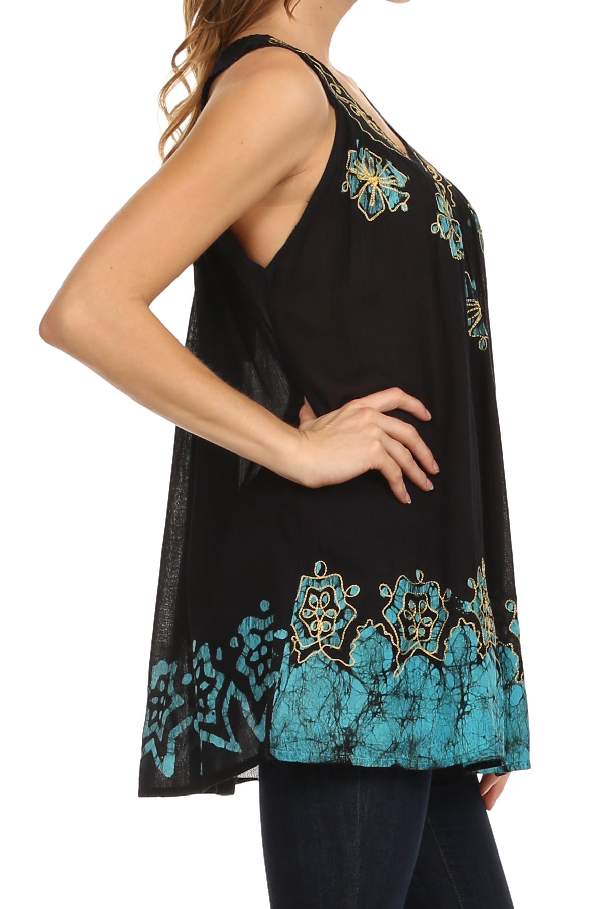 Sakkas Batik Embroidered V-Neck Sleeveless Blouse tops La Vie Bien Sakkas Batik Embroidered V-Neck Sleeveless Blouse