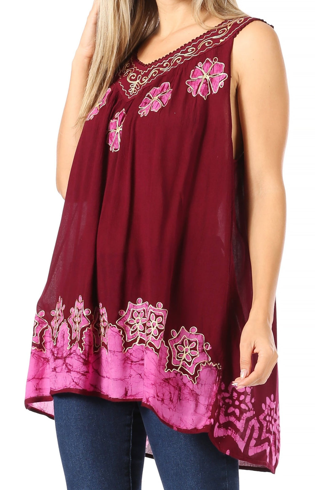 Sakkas Batik Embroidered V-Neck Sleeveless Blouse tops La Vie Bien Sakkas Batik Embroidered V-Neck Sleeveless Blouse