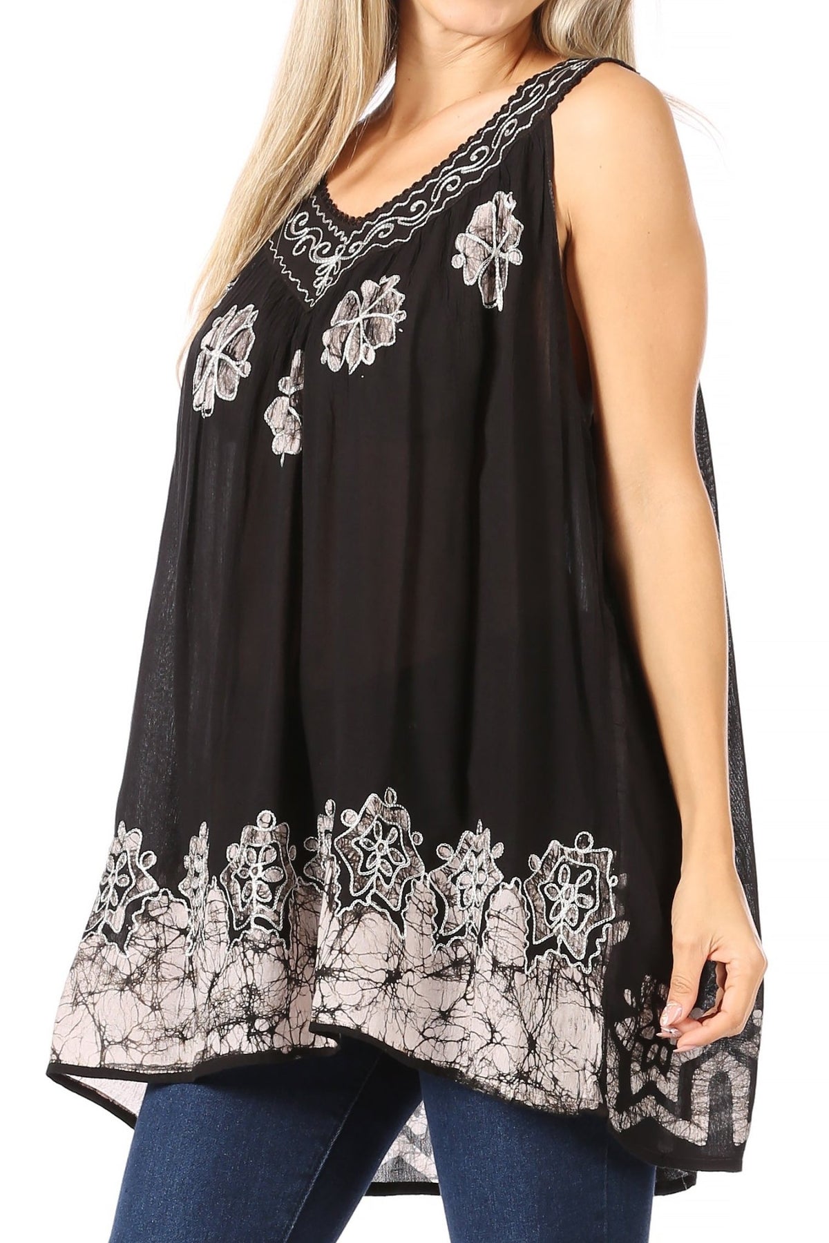 Sakkas Batik Embroidered V-Neck Sleeveless Blouse tops La Vie Bien Sakkas Batik Embroidered V-Neck Sleeveless Blouse