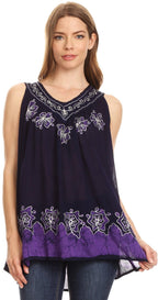 Sakkas Batik Embroidered V-Neck Sleeveless Blouse tops La Vie Bien Sakkas Batik Embroidered V-Neck Sleeveless Blouse