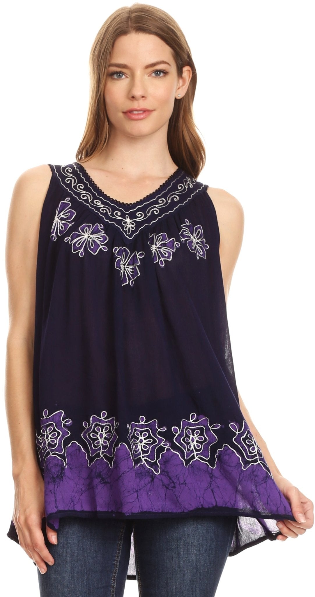 Sakkas Batik Embroidered V-Neck Sleeveless Blouse tops La Vie Bien Sakkas Batik Embroidered V-Neck Sleeveless Blouse