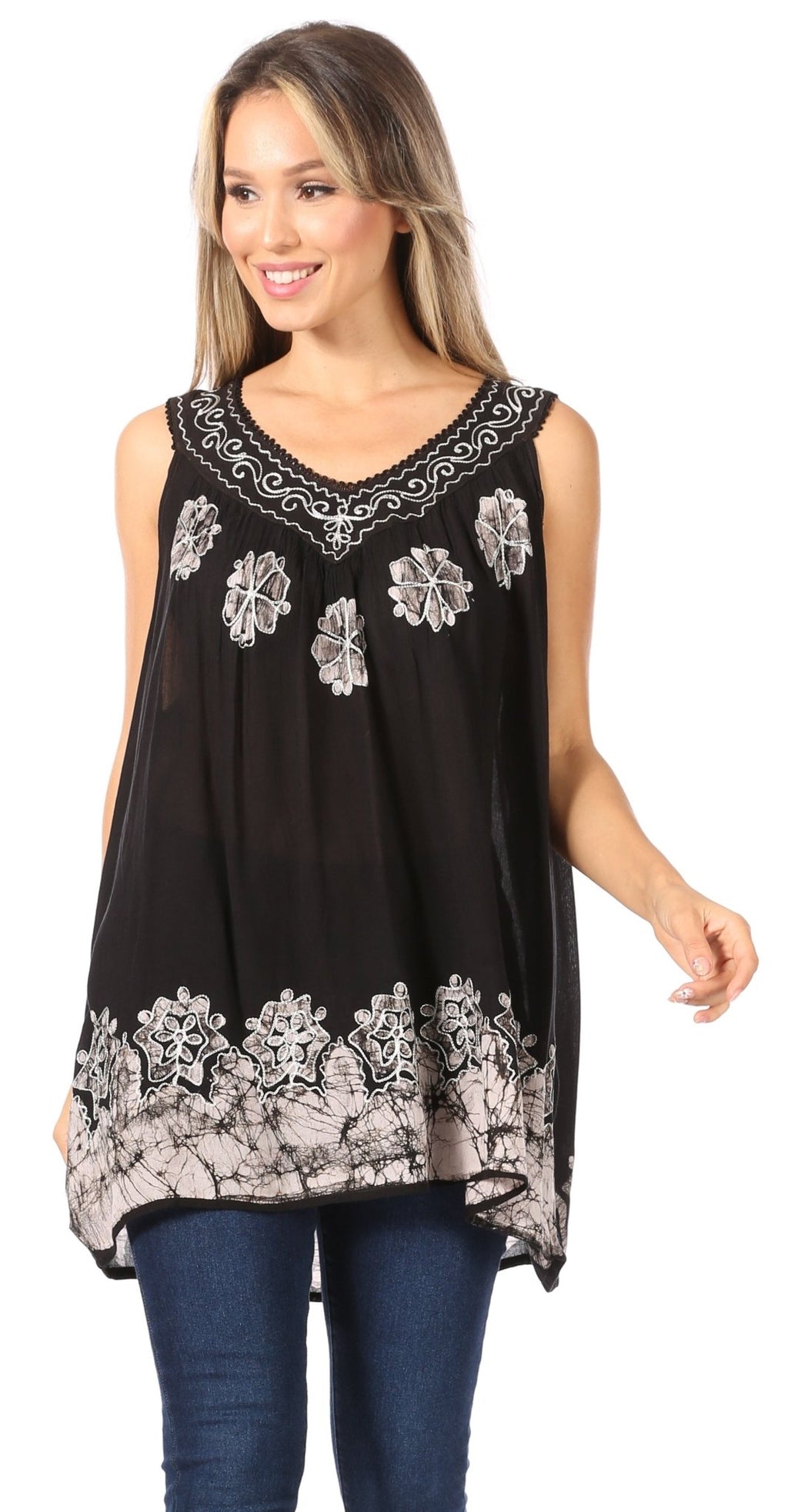 Sakkas Batik Embroidered V-Neck Sleeveless Blouse tops La Vie Bien Sakkas Batik Embroidered V-Neck Sleeveless Blouse
