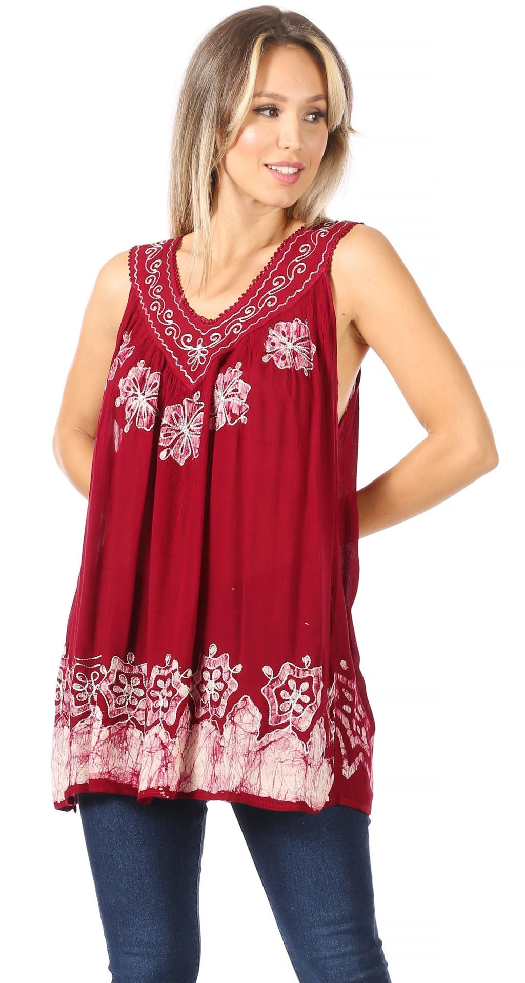 Sakkas Batik Embroidered V-Neck Sleeveless Blouse tops La Vie Bien Sakkas Batik Embroidered V-Neck Sleeveless Blouse