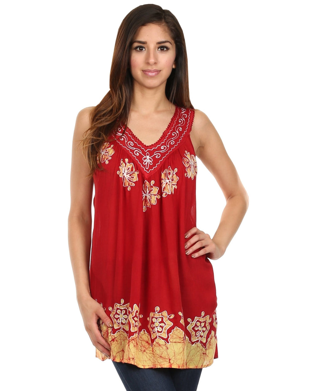 Sakkas Batik Embroidered V-Neck Sleeveless Blouse tops La Vie Bien Sakkas Batik Embroidered V-Neck Sleeveless Blouse