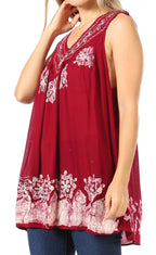 Sakkas Batik Embroidered V-Neck Sleeveless Blouse tops La Vie Bien Sakkas Batik Embroidered V-Neck Sleeveless Blouse