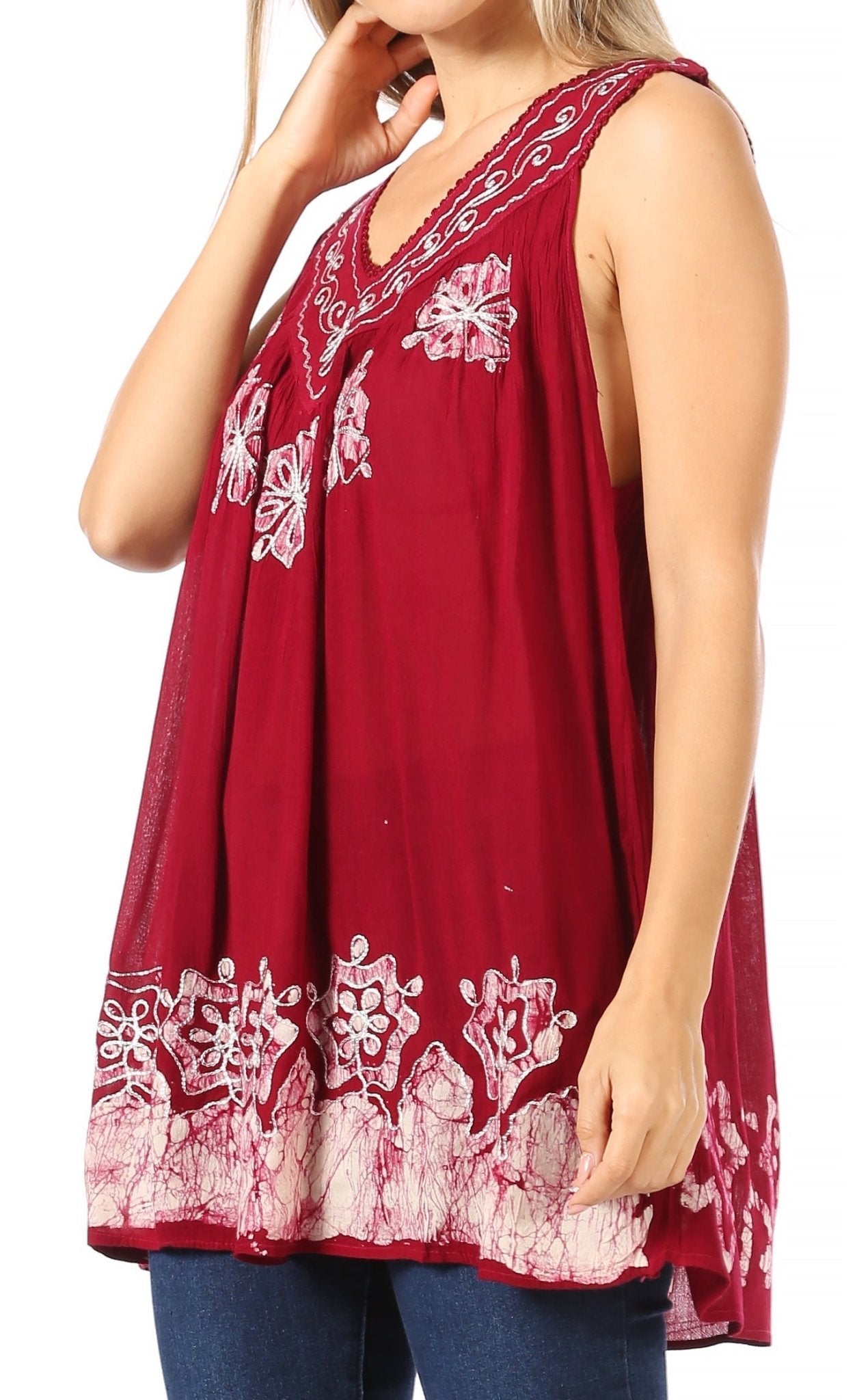 Sakkas Batik Embroidered V-Neck Sleeveless Blouse tops La Vie Bien Sakkas Batik Embroidered V-Neck Sleeveless Blouse