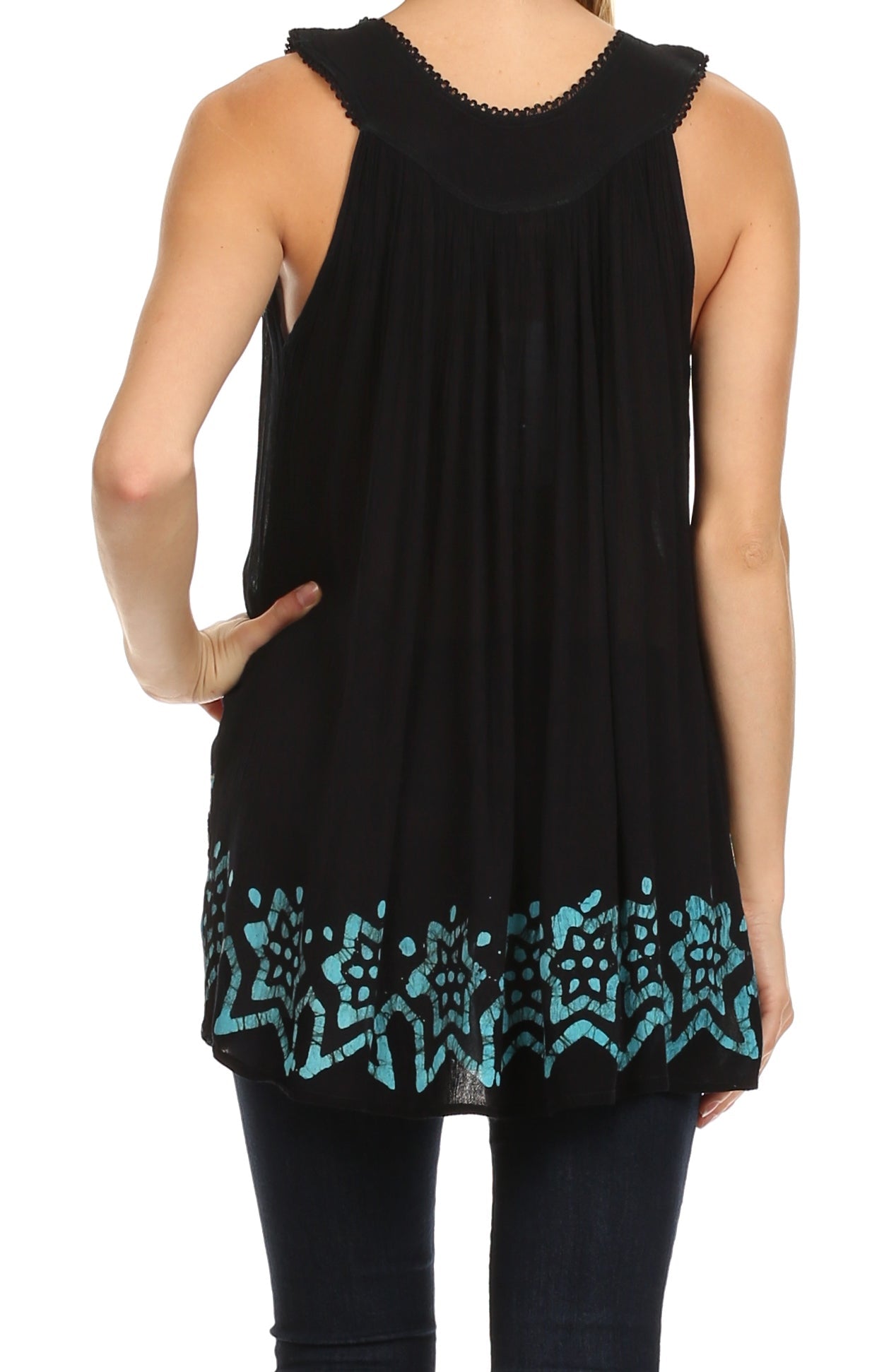 Sakkas Batik Embroidered V-Neck Sleeveless Blouse tops La Vie Bien Sakkas Batik Embroidered V-Neck Sleeveless Blouse