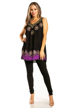 Sakkas Batik Embroidered V-Neck Sleeveless Blouse tops La Vie Bien Sakkas Batik Embroidered V-Neck Sleeveless Blouse