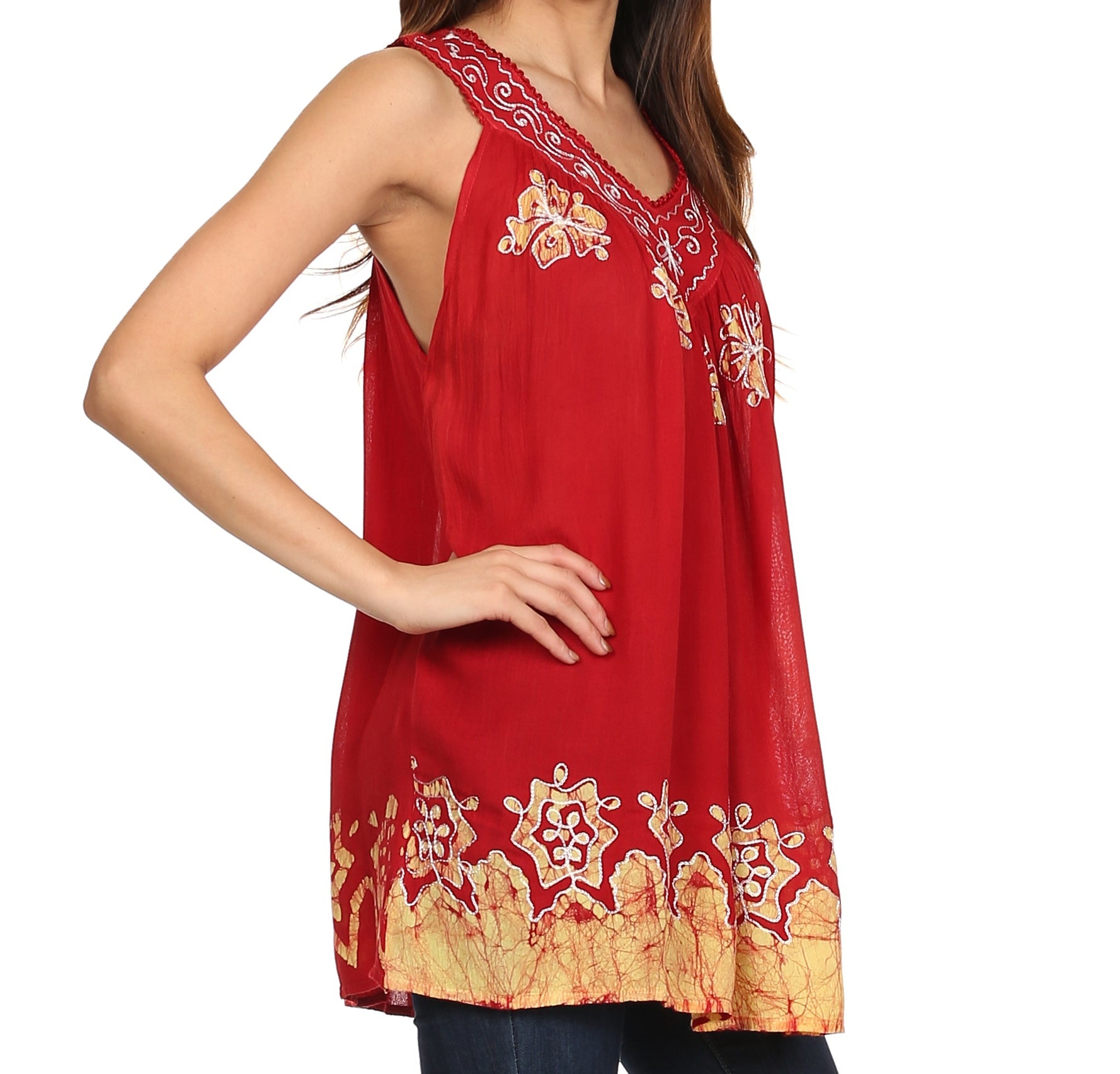 Sakkas Batik Embroidered V-Neck Sleeveless Blouse tops La Vie Bien Sakkas Batik Embroidered V-Neck Sleeveless Blouse