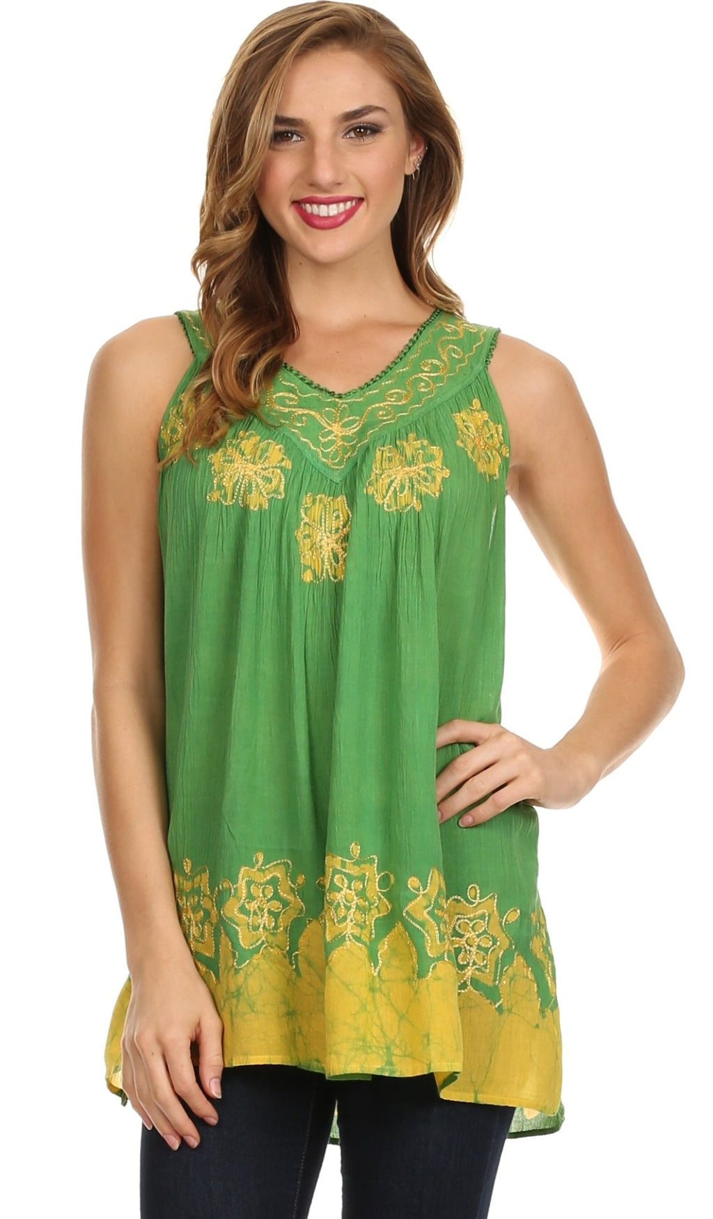 Sakkas Batik Embroidered V-Neck Sleeveless Blouse tops La Vie Bien Sakkas Batik Embroidered V-Neck Sleeveless Blouse