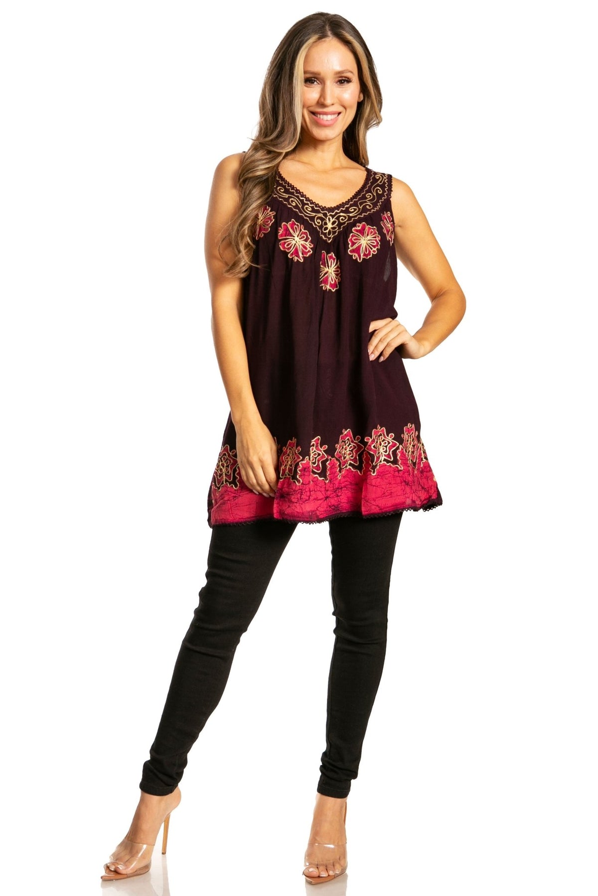 Sakkas Batik Embroidered V-Neck Sleeveless Blouse tops La Vie Bien Sakkas Batik Embroidered V-Neck Sleeveless Blouse