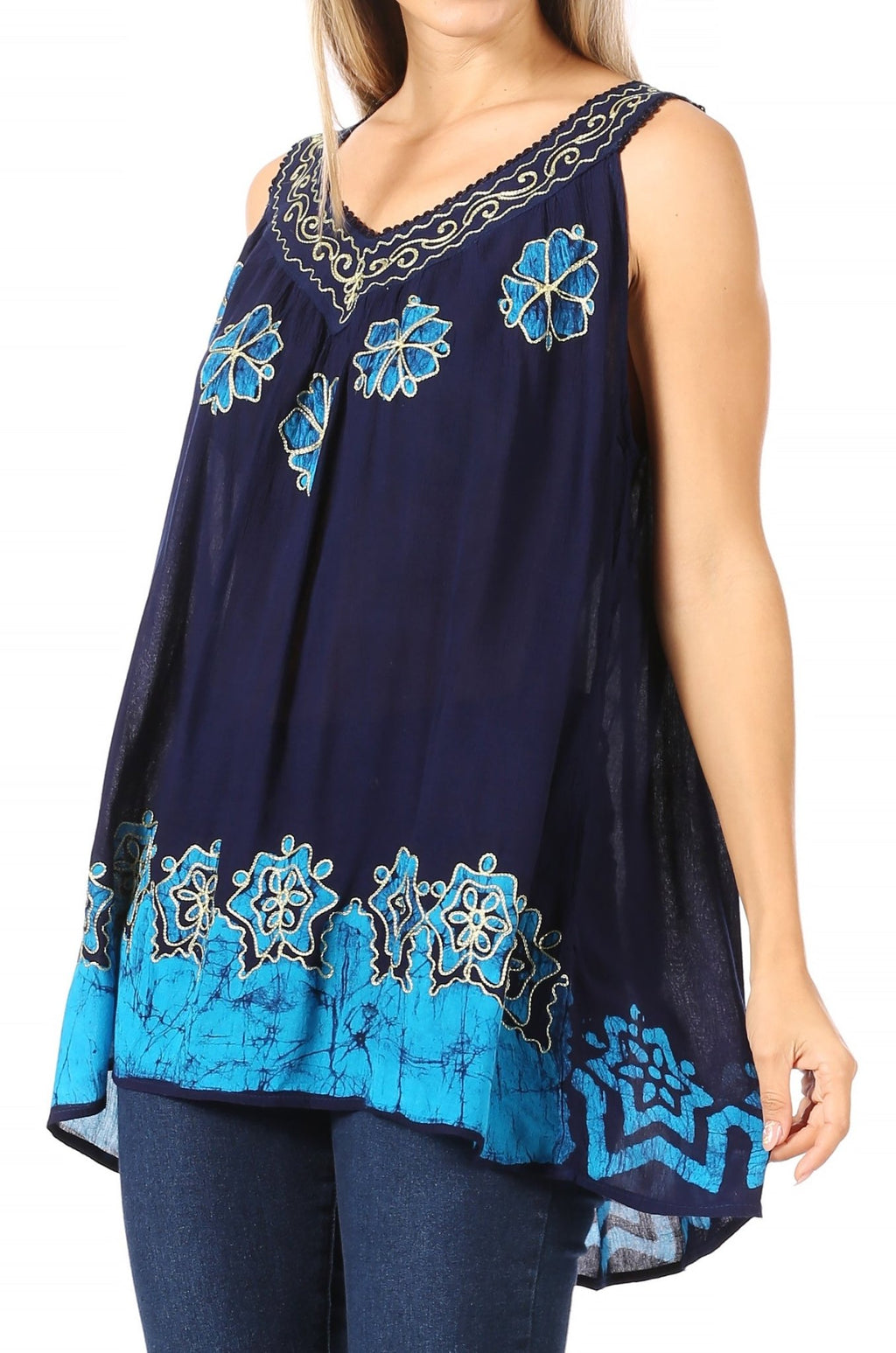Sakkas Batik Embroidered V-Neck Sleeveless Blouse tops La Vie Bien Sakkas Batik Embroidered V-Neck Sleeveless Blouse