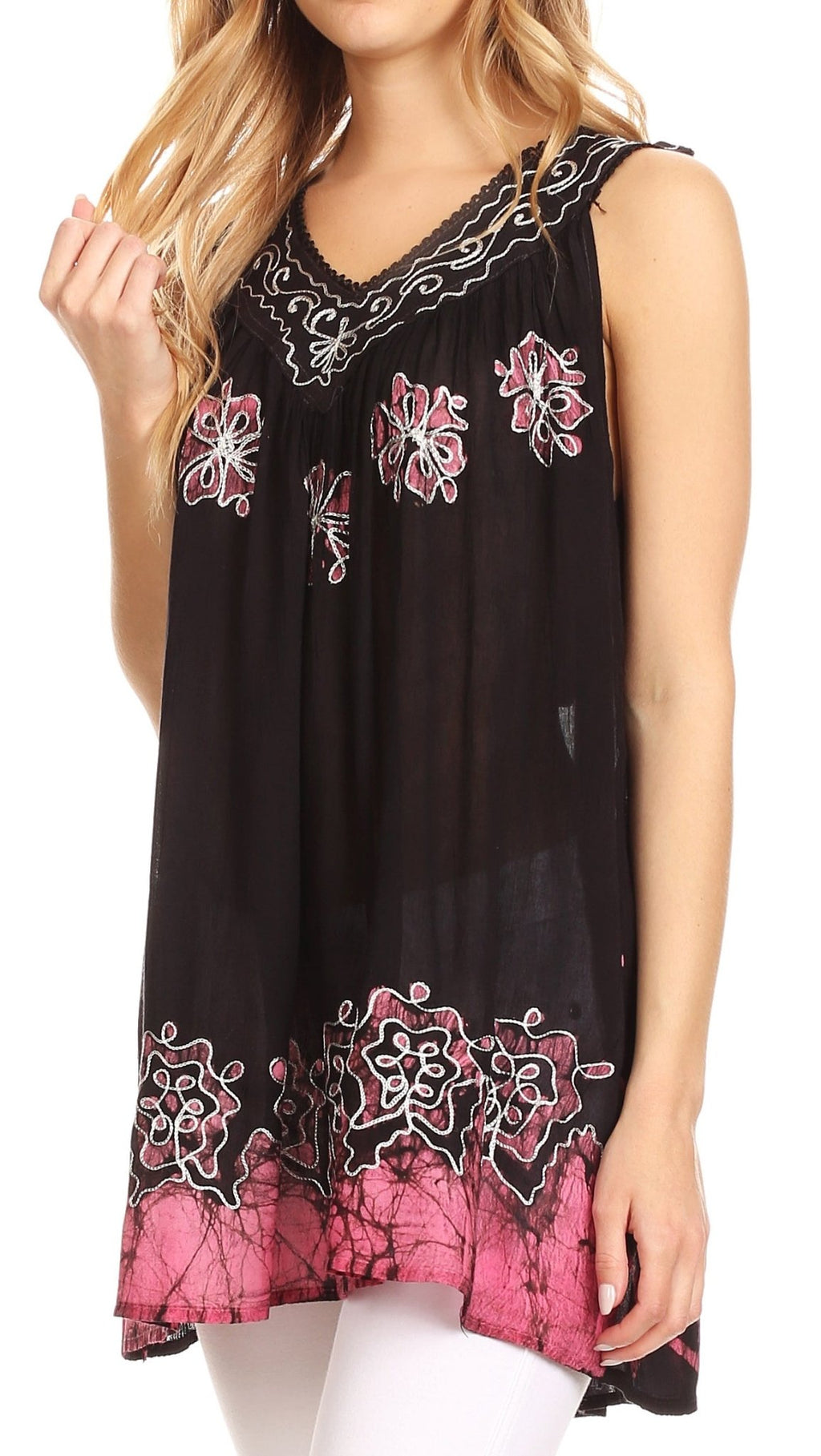 Sakkas Batik Embroidered V-Neck Sleeveless Blouse tops La Vie Bien Sakkas Batik Embroidered V-Neck Sleeveless Blouse