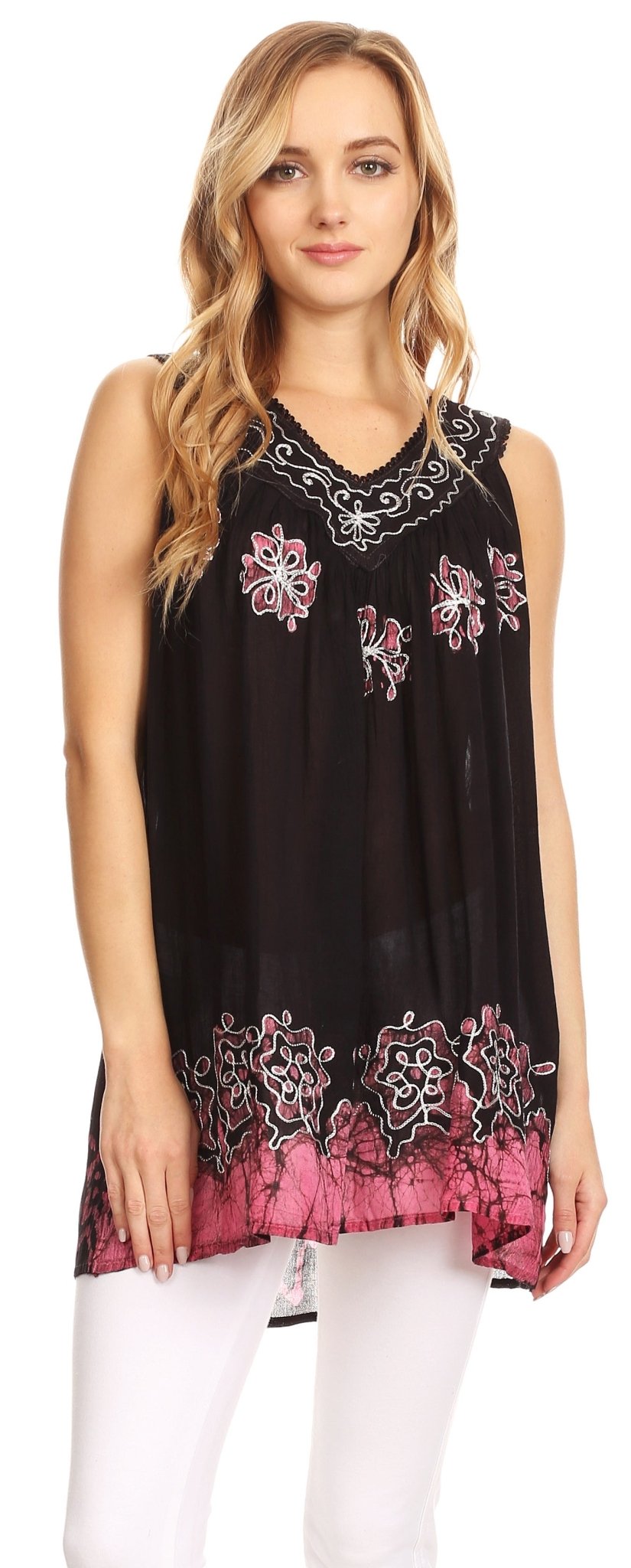 Sakkas Batik Embroidered V-Neck Sleeveless Blouse tops La Vie Bien Sakkas Batik Embroidered V-Neck Sleeveless Blouse