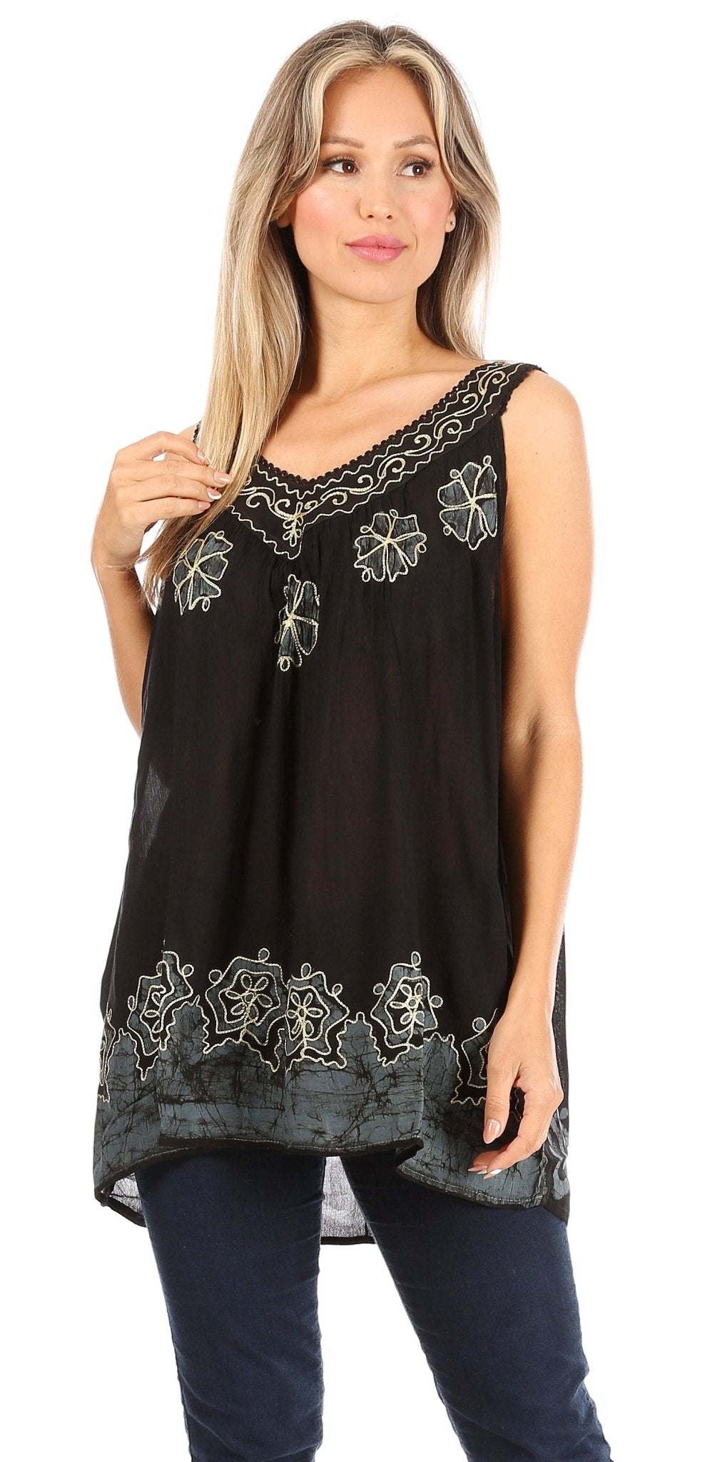 Sakkas Batik Embroidered V-Neck Sleeveless Blouse tops La Vie Bien Sakkas Batik Embroidered V-Neck Sleeveless Blouse