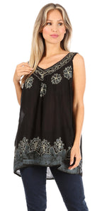 Sakkas Batik Embroidered V-Neck Sleeveless Blouse tops La Vie Bien Sakkas Batik Embroidered V-Neck Sleeveless Blouse
