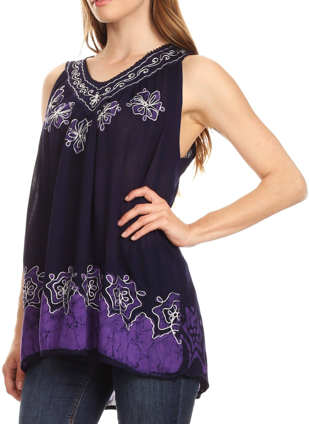 Sakkas Batik Embroidered V-Neck Sleeveless Blouse tops La Vie Bien Sakkas Batik Embroidered V-Neck Sleeveless Blouse