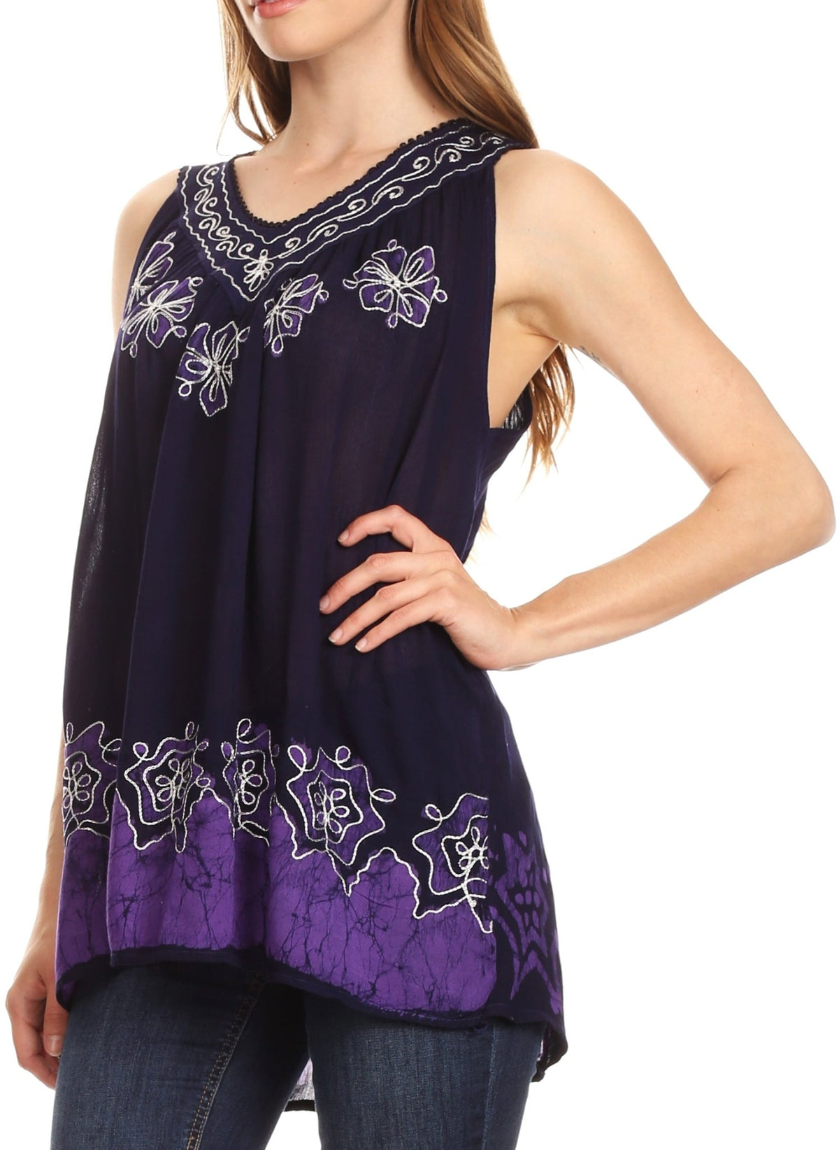 Sakkas Batik Embroidered V-Neck Sleeveless Blouse tops La Vie Bien Sakkas Batik Embroidered V-Neck Sleeveless Blouse