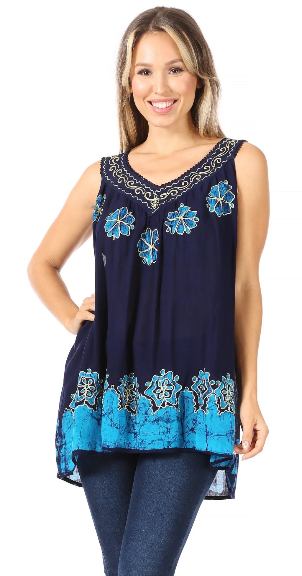 Sakkas Batik Embroidered V-Neck Sleeveless Blouse tops La Vie Bien Sakkas Batik Embroidered V-Neck Sleeveless Blouse