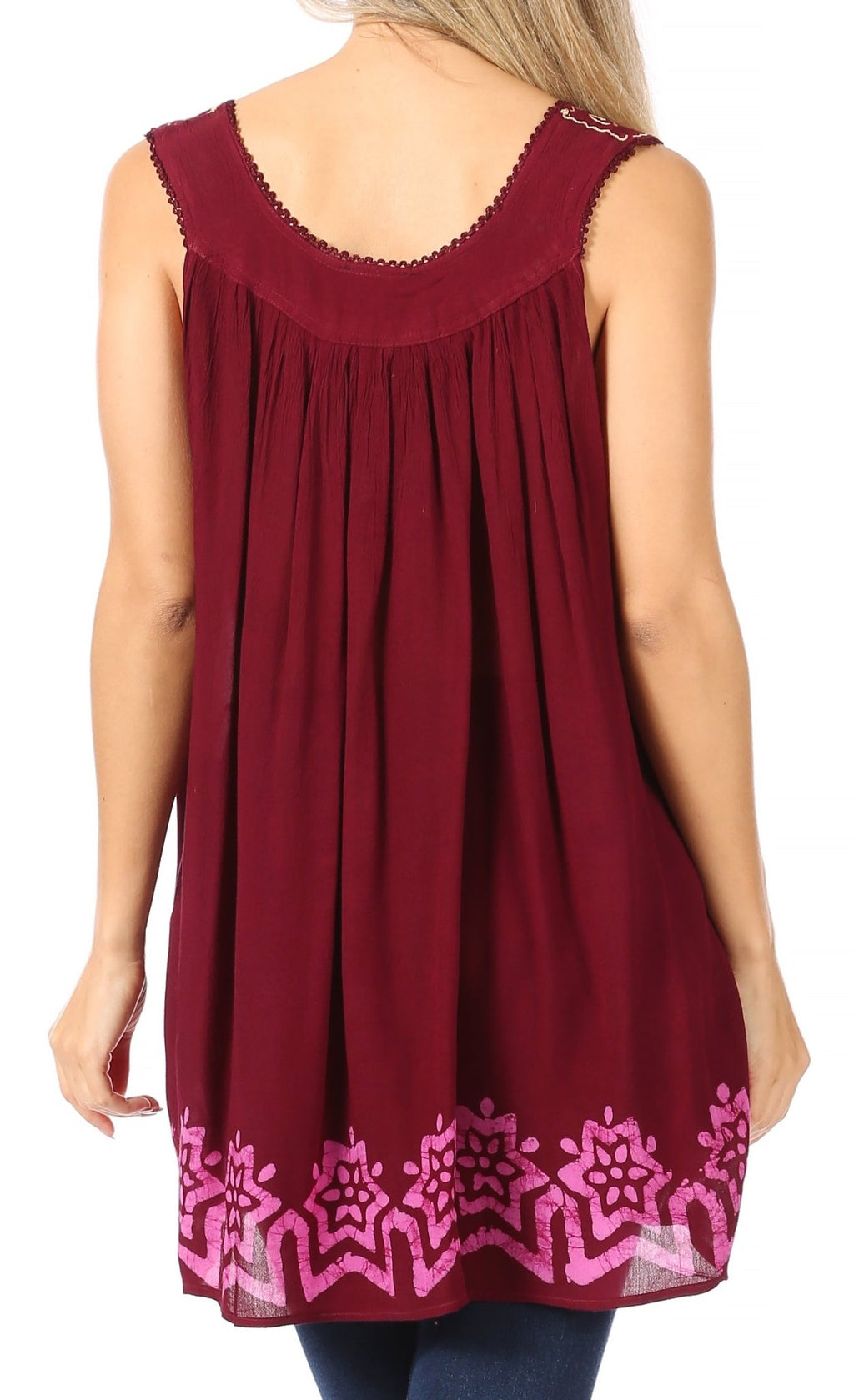 Sakkas Batik Embroidered V-Neck Sleeveless Blouse tops La Vie Bien Sakkas Batik Embroidered V-Neck Sleeveless Blouse