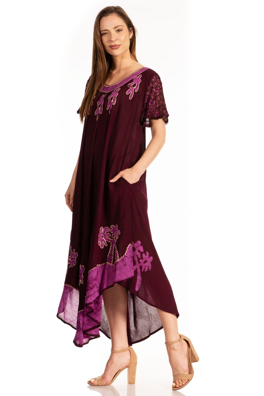 Sakkas Batik Palm Tree Cap Sleeve Caftan Dress / Cover Up dresses La Vie Bien Sakkas Batik Palm Tree Cap Sleeve Caftan Dress / Cover Up