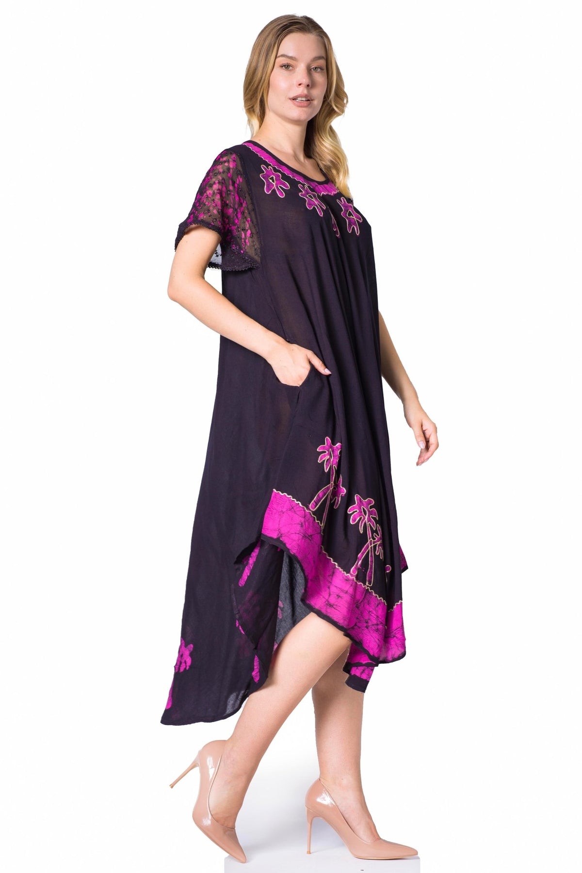 Sakkas Batik Palm Tree Cap Sleeve Caftan Dress / Cover Up dresses La Vie Bien Sakkas Batik Palm Tree Cap Sleeve Caftan Dress / Cover Up