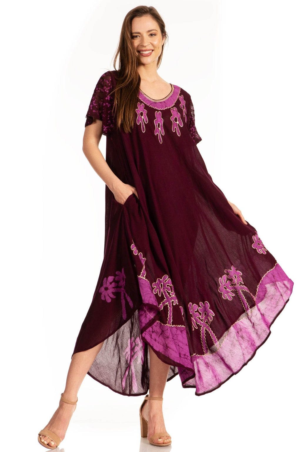 Sakkas Batik Palm Tree Cap Sleeve Caftan Dress / Cover Up dresses La Vie Bien Sakkas Batik Palm Tree Cap Sleeve Caftan Dress / Cover Up