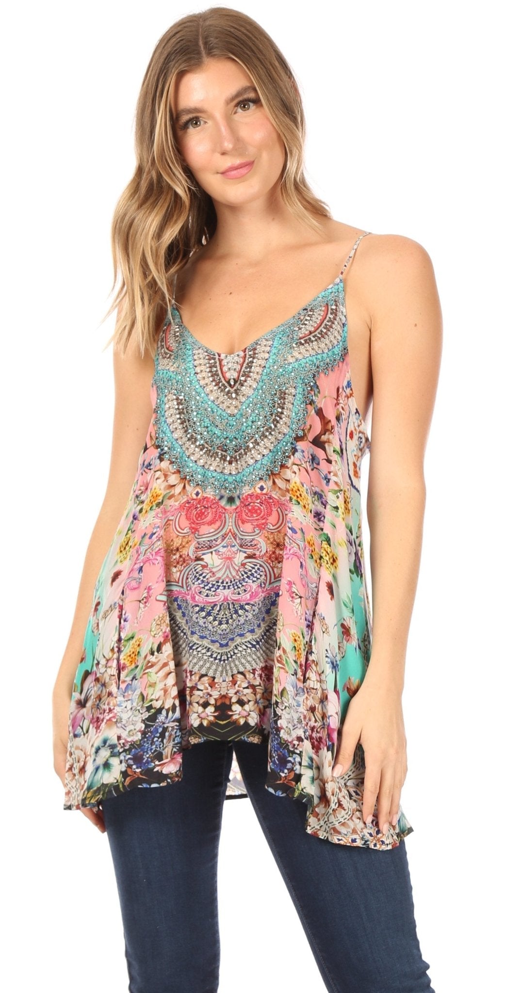 Sakkas Bette Women's Casual Boho Loose Printed Spaghetti Strap Top Tank Camisole tops La Vie Bien Sakkas Bette Women's Casual Boho Loose Printed Spaghetti Strap Top Tank Camisole