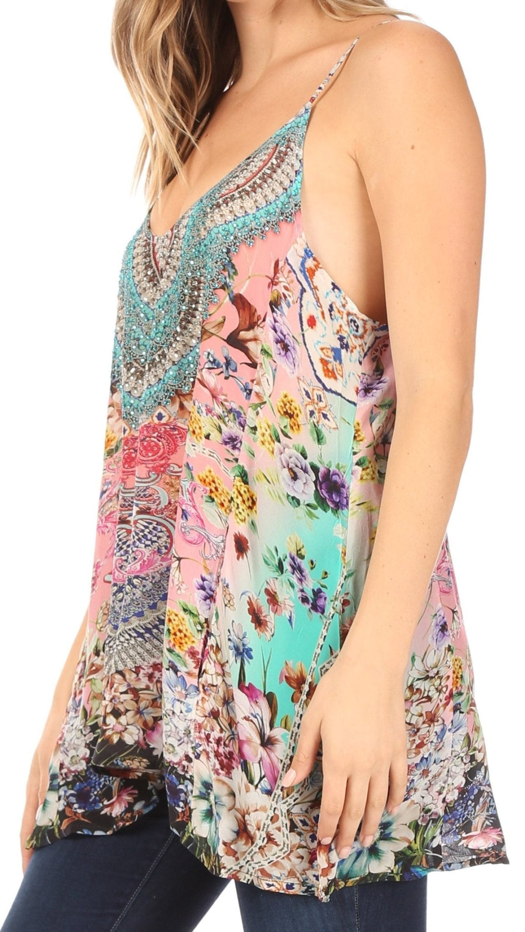 Sakkas Bette Women's Casual Boho Loose Printed Spaghetti Strap Top Tank Camisole tops La Vie Bien Sakkas Bette Women's Casual Boho Loose Printed Spaghetti Strap Top Tank Camisole