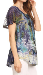 Sakkas Celia Marble Batik Short Sleeve Blouse/Top with Embroidery and Crochet tops La Vie Bien Sakkas Celia Marble Batik Short Sleeve Blouse/Top with Embroidery and Crochet