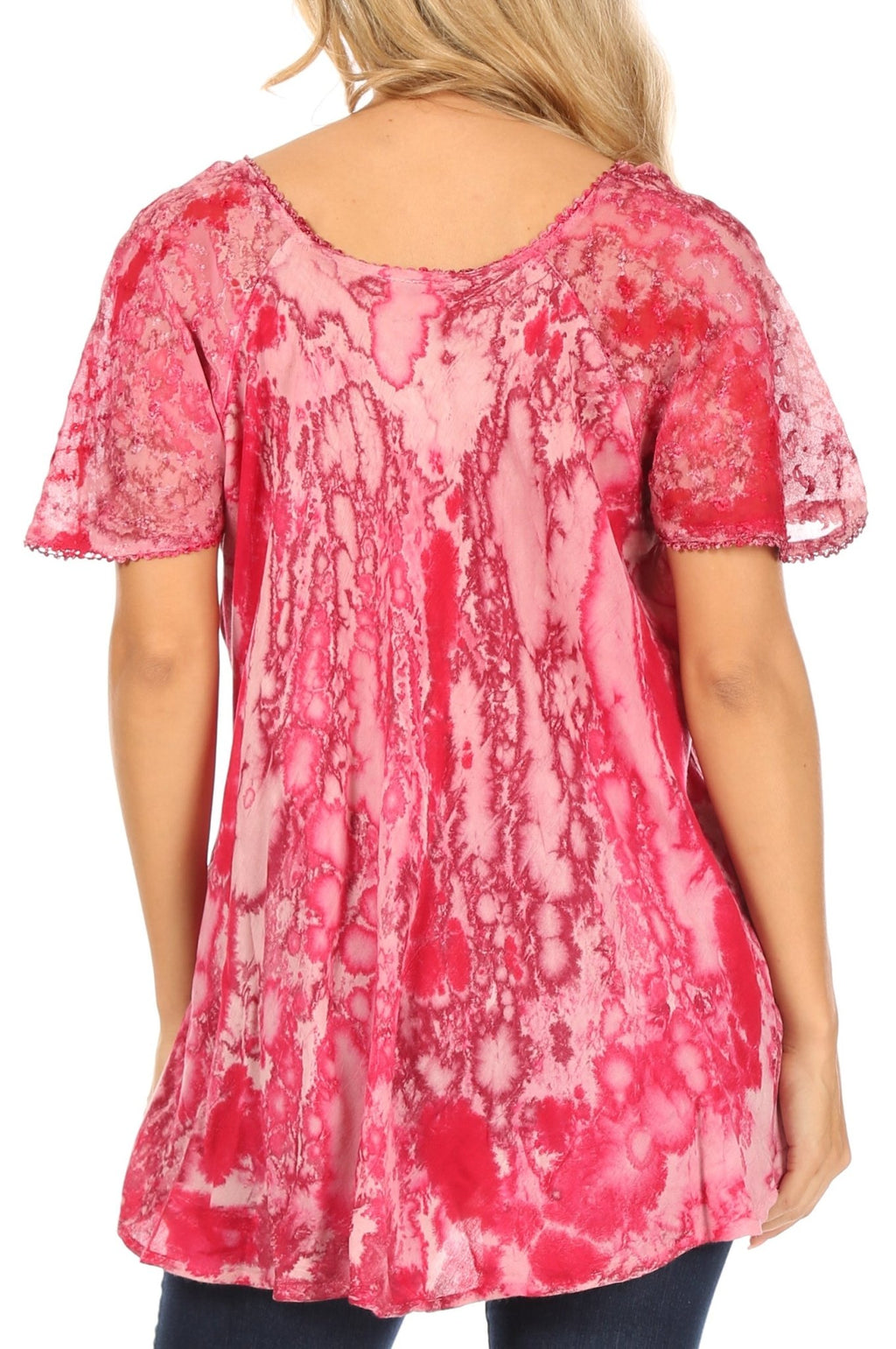 Sakkas Celia Marble Batik Short Sleeve Blouse/Top with Embroidery and Crochet tops La Vie Bien Sakkas Celia Marble Batik Short Sleeve Blouse/Top with Embroidery and Crochet