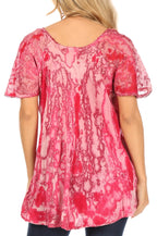 Sakkas Celia Marble Batik Short Sleeve Blouse/Top with Embroidery and Crochet tops La Vie Bien Sakkas Celia Marble Batik Short Sleeve Blouse/Top with Embroidery and Crochet