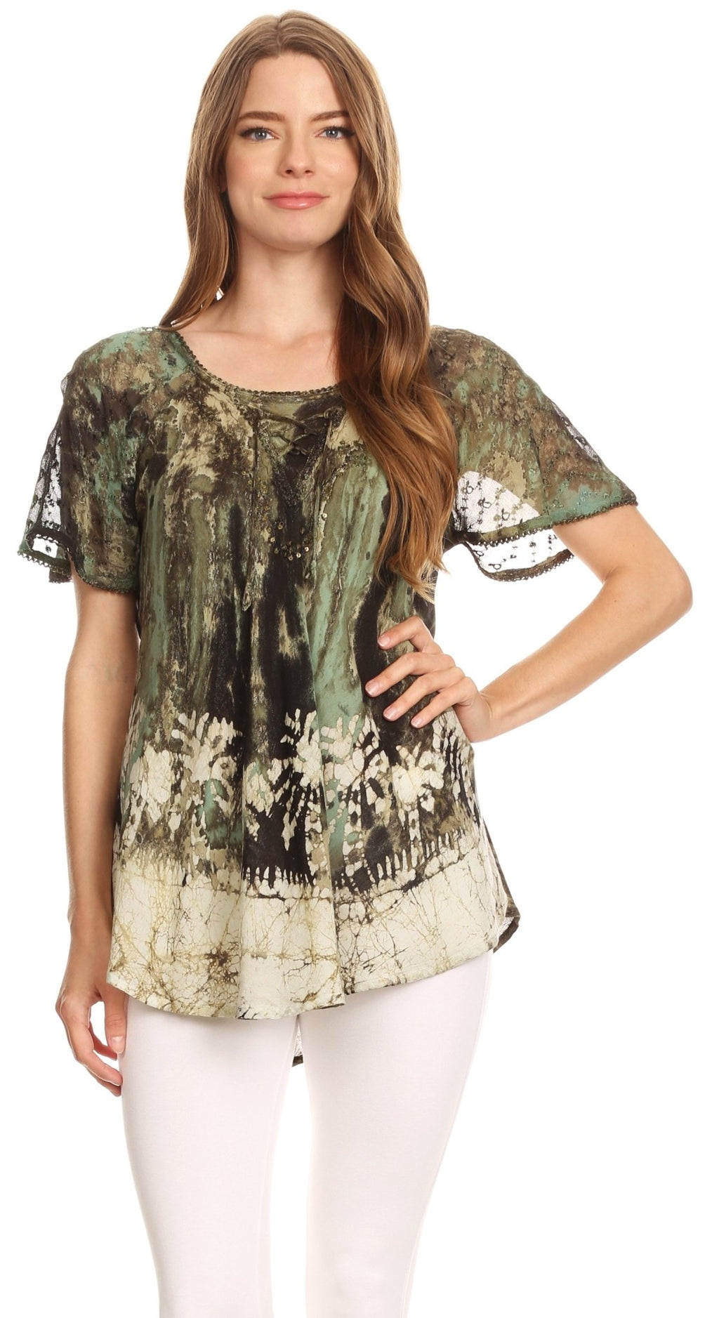 Sakkas Celia Marble Batik Short Sleeve Blouse/Top with Embroidery and Crochet tops La Vie Bien Sakkas Celia Marble Batik Short Sleeve Blouse/Top with Embroidery and Crochet