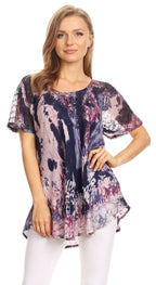 Sakkas Celia Marble Batik Short Sleeve Blouse/Top with Embroidery and Crochet tops La Vie Bien Sakkas Celia Marble Batik Short Sleeve Blouse/Top with Embroidery and Crochet