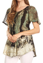 Sakkas Celia Marble Batik Short Sleeve Blouse/Top with Embroidery and Crochet tops La Vie Bien Sakkas Celia Marble Batik Short Sleeve Blouse/Top with Embroidery and Crochet