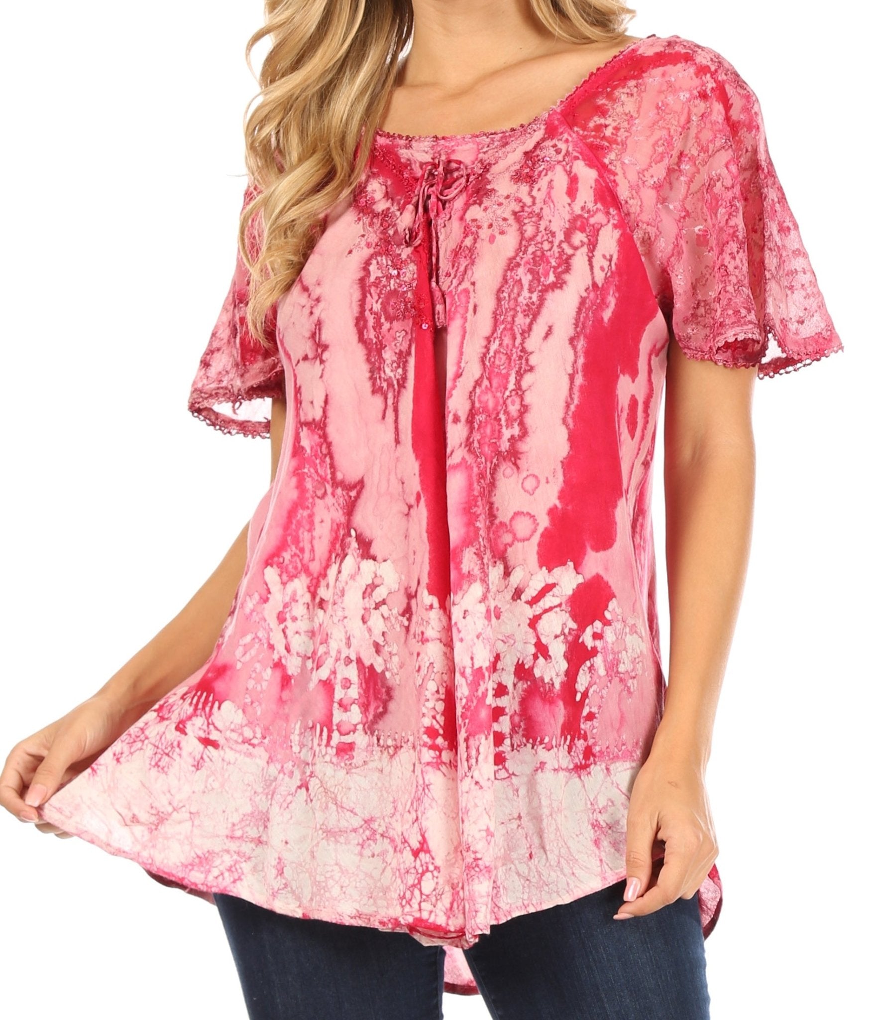 Sakkas Celia Marble Batik Short Sleeve Blouse/Top with Embroidery and Crochet tops La Vie Bien Sakkas Celia Marble Batik Short Sleeve Blouse/Top with Embroidery and Crochet