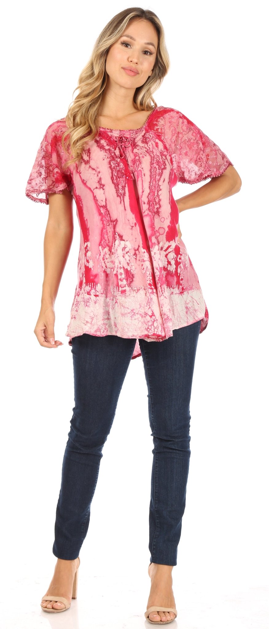 Sakkas Celia Marble Batik Short Sleeve Blouse/Top with Embroidery and Crochet tops La Vie Bien Sakkas Celia Marble Batik Short Sleeve Blouse/Top with Embroidery and Crochet
