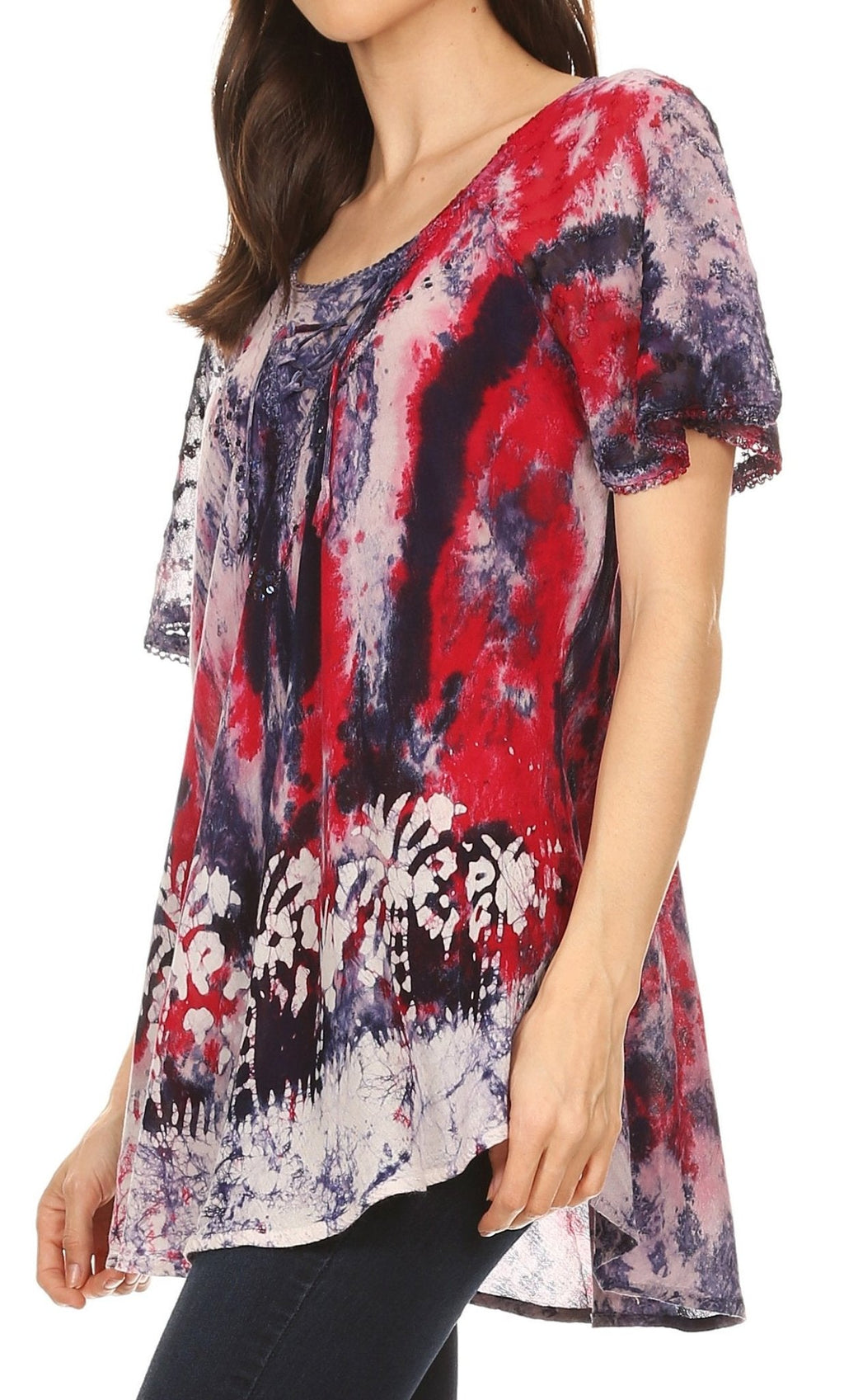 Sakkas Celia Marble Batik Short Sleeve Blouse/Top with Embroidery and Crochet tops La Vie Bien Sakkas Celia Marble Batik Short Sleeve Blouse/Top with Embroidery and Crochet