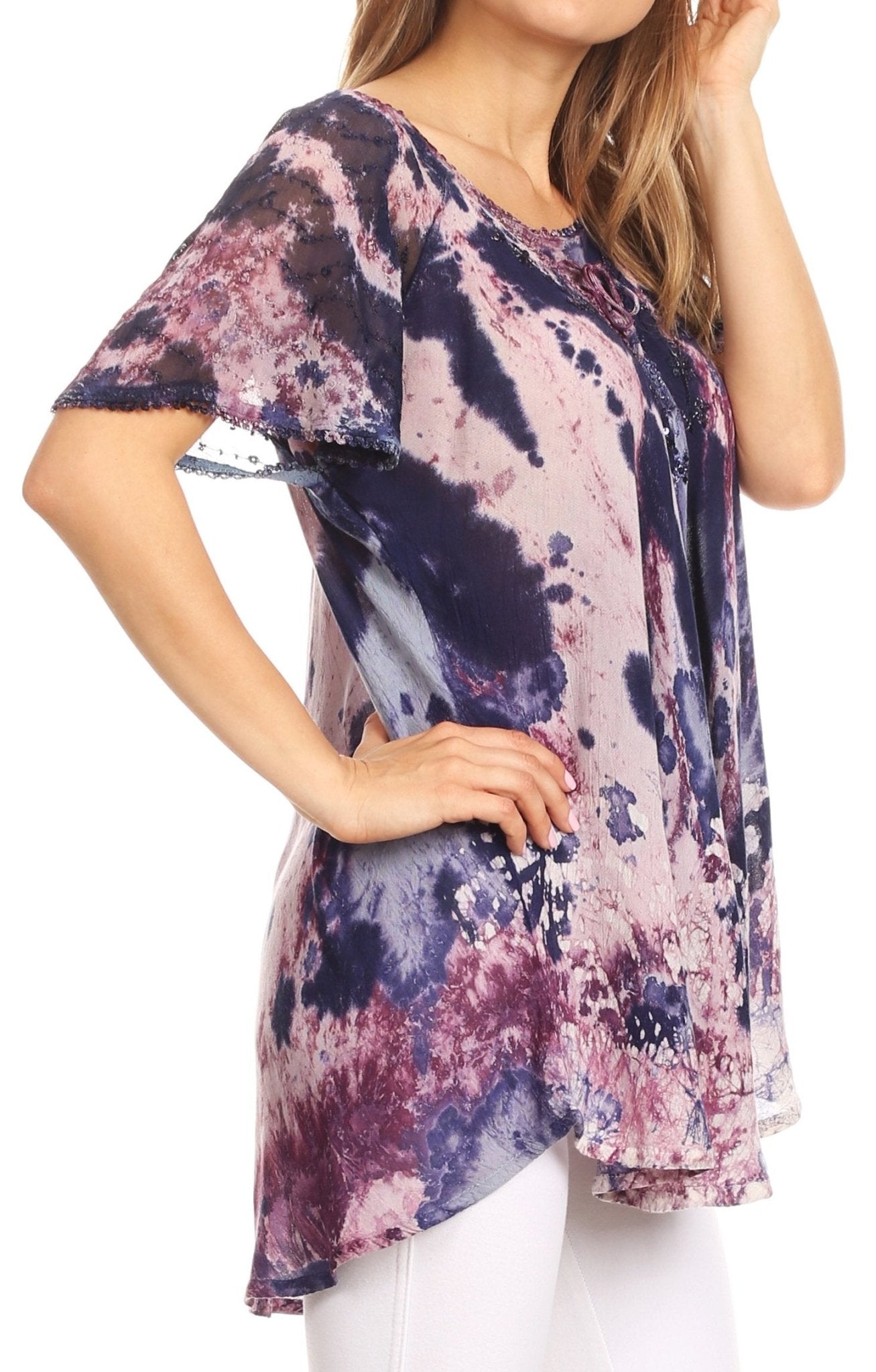 Sakkas Celia Marble Batik Short Sleeve Blouse/Top with Embroidery and Crochet tops La Vie Bien Sakkas Celia Marble Batik Short Sleeve Blouse/Top with Embroidery and Crochet