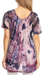 Sakkas Celia Marble Batik Short Sleeve Blouse/Top with Embroidery and Crochet tops La Vie Bien Sakkas Celia Marble Batik Short Sleeve Blouse/Top with Embroidery and Crochet