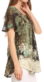 Sakkas Celia Marble Batik Short Sleeve Blouse/Top with Embroidery and Crochet tops La Vie Bien Sakkas Celia Marble Batik Short Sleeve Blouse/Top with Embroidery and Crochet