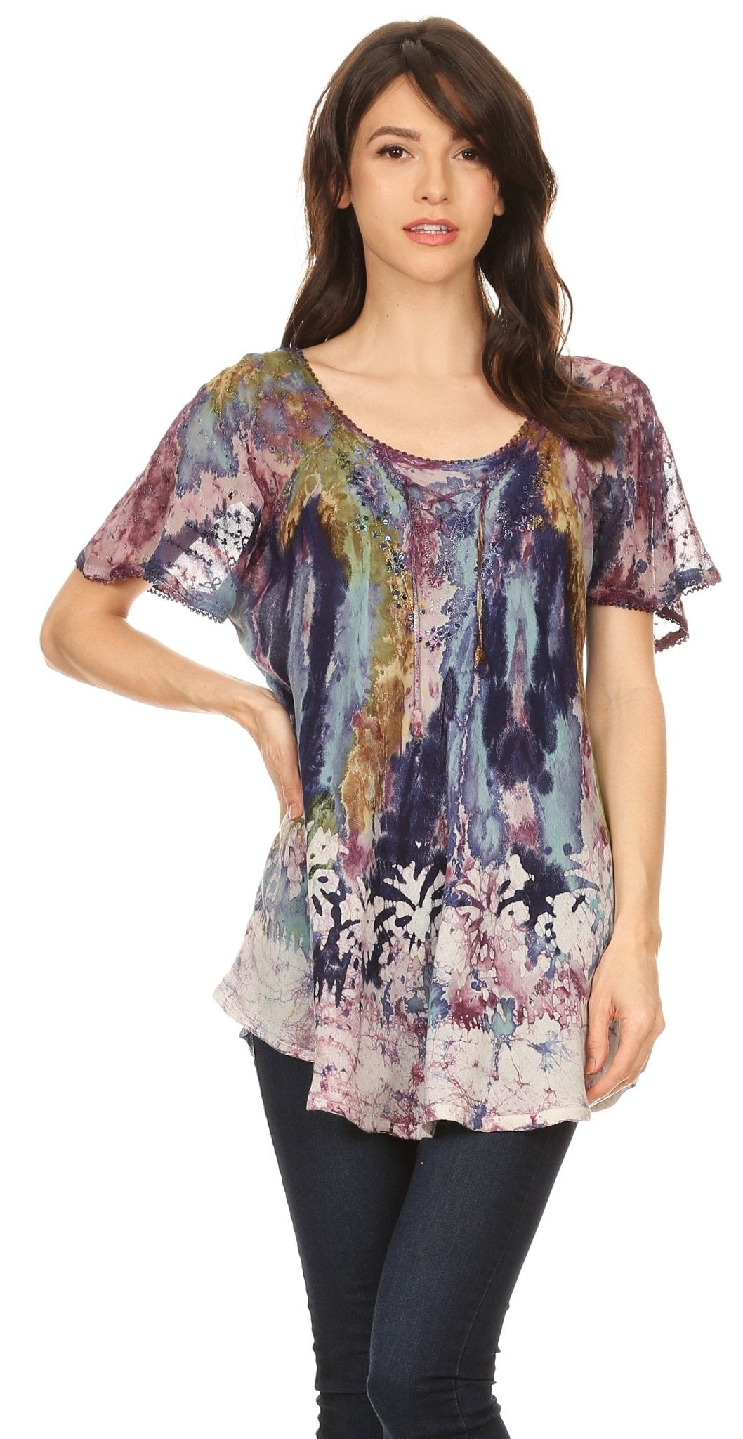 Sakkas Celia Marble Batik Short Sleeve Blouse/Top with Embroidery and Crochet tops La Vie Bien Sakkas Celia Marble Batik Short Sleeve Blouse/Top with Embroidery and Crochet