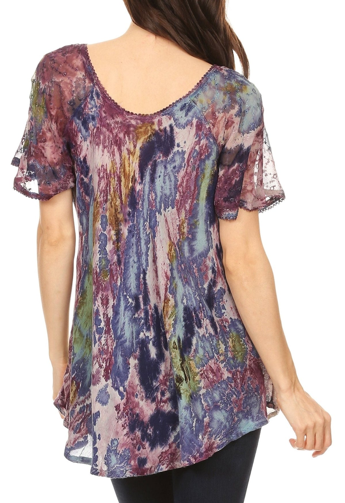 Sakkas Celia Marble Batik Short Sleeve Blouse/Top with Embroidery and Crochet tops La Vie Bien Sakkas Celia Marble Batik Short Sleeve Blouse/Top with Embroidery and Crochet