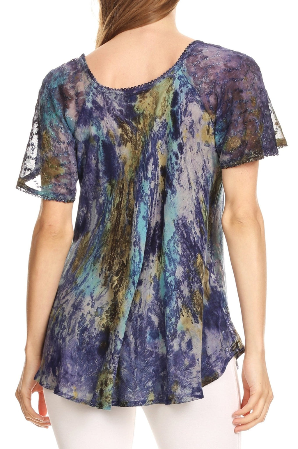 Sakkas Celia Marble Batik Short Sleeve Blouse/Top with Embroidery and Crochet tops La Vie Bien Sakkas Celia Marble Batik Short Sleeve Blouse/Top with Embroidery and Crochet
