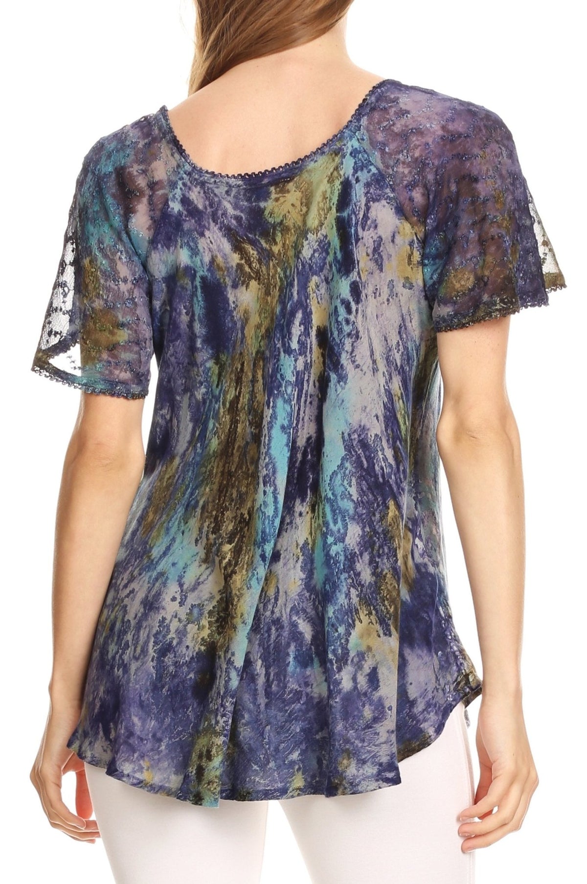 Sakkas Celia Marble Batik Short Sleeve Blouse/Top with Embroidery and Crochet tops La Vie Bien Sakkas Celia Marble Batik Short Sleeve Blouse/Top with Embroidery and Crochet